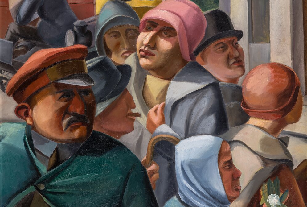 Karl Tratt: Straßenszene, um 1932, Öl auf Karton, 101 x 77 cm, Sammlung Böhme | © Museum Kunst der Verlorenen Generation / Foto: Hubert Auer