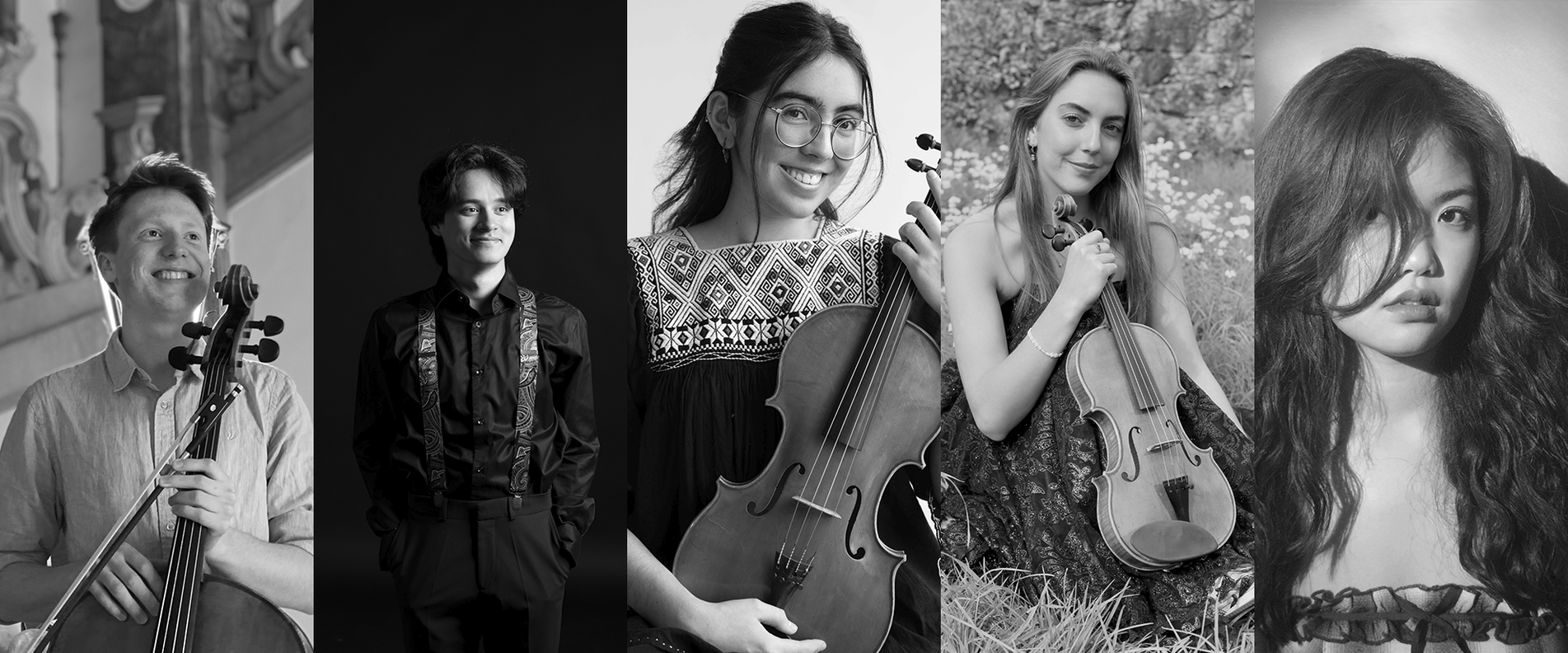 Fotos der Musiker:innen Douwe Eisses, Fabian Mittermeier, Jacinta Balbontin, Maria Sa, Peixin Jiang | © Mozarteum University
