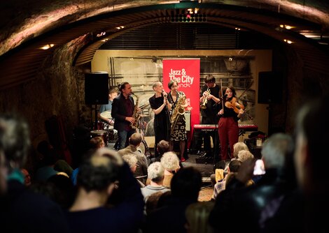 House of Impro in der Blauen Gans: Pepe Auer, Almut Schlichting, Patrick Pillichshammer, Georg Vogel, Flora Geißelbrecht, Alex Kranabetter | © Henry Schulz