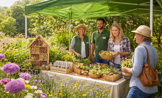KI-generiertes Bild von einem Infostand im Garten. | © KI-generiert